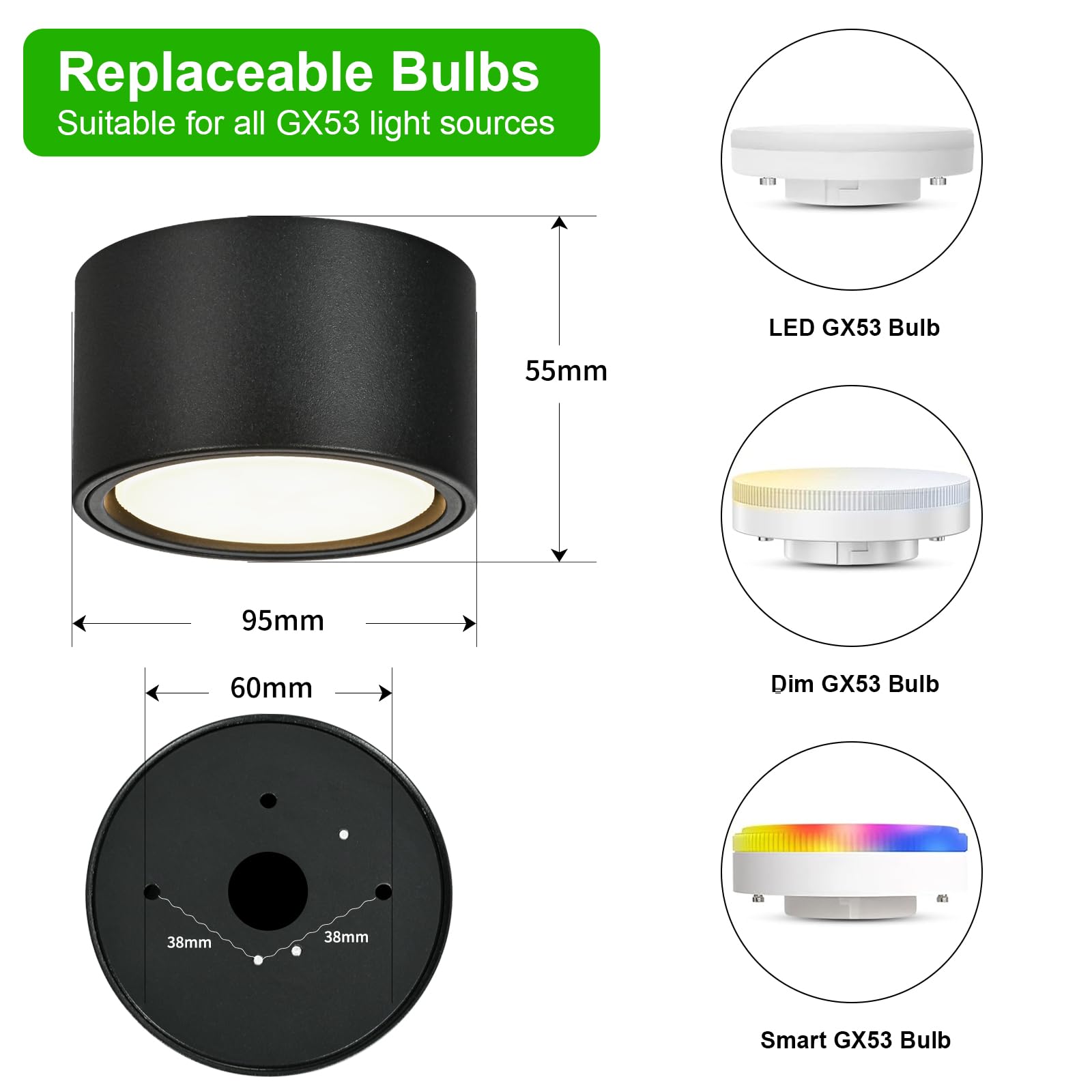 KYOTECH 4x Faretti da Superficie a LED - 3000K Nero Opaco Faretti da Soffitto 6W 550LM GX53 Faretti da Superficie - Ø95x55mm 230V Lampada da Soffitto Faretti da Soffitto per Camera da Letto Soggiorno