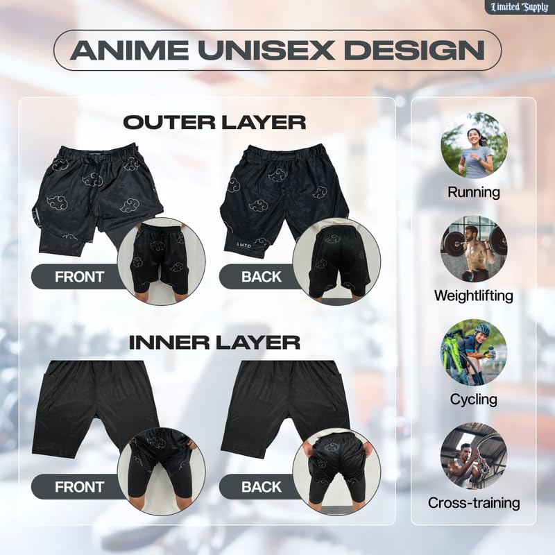 CROWN Anime Shorts - Breathable Mesh Stretch Compression Gym Short with Pockets and Towel Holder (M-BlackCld2)2