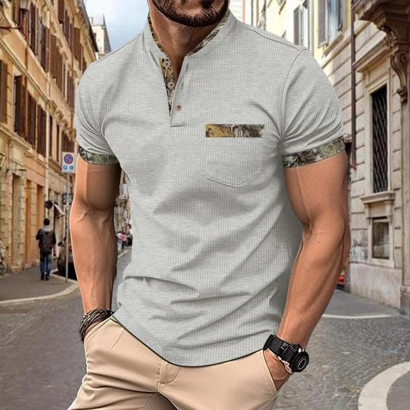 Men's casual short sleeved polo shirt street retro chest pocket stand up collar button splicing fashionable T-shirt3