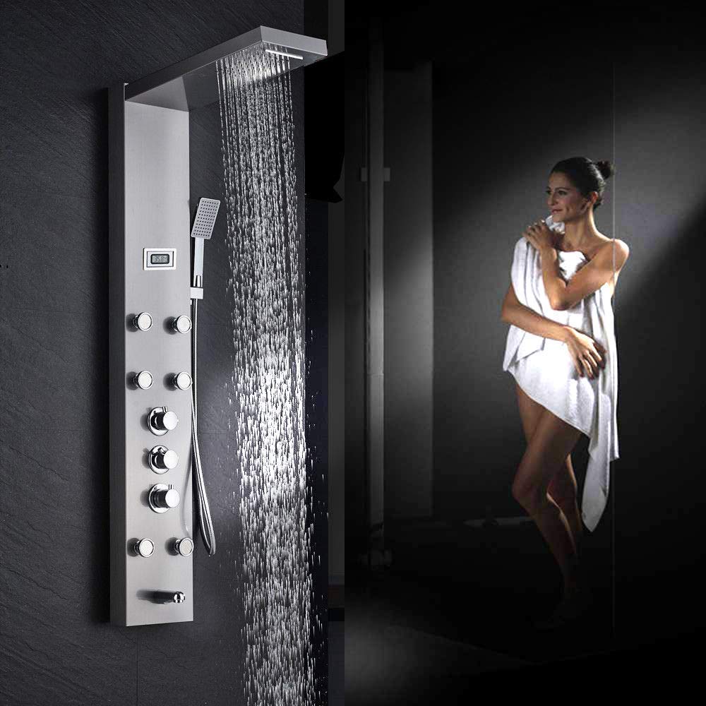 FUZ 44 Inch Thermostatic Bath Shower Tower Panel System, Wall Mounted Stainless Steel 5 Function