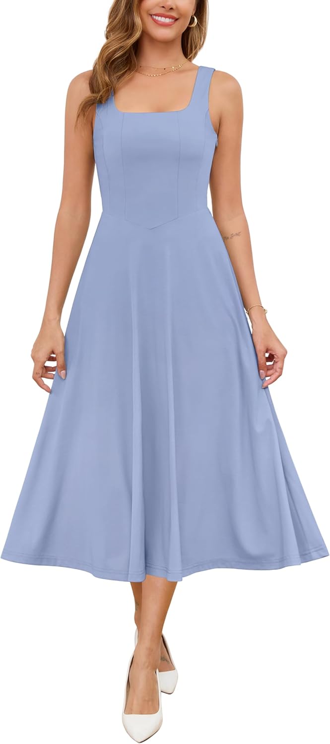 Zattcas Womens Spring Summer Square Neck Swing Midi Dress