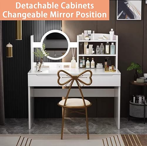 Miniatura 6 de ROMOZ Escritorio de tocador de maquillaje de 63 pulgadas con luz táctil ajustable de 3 colores espejo de tocador de madera con 5 cajones para