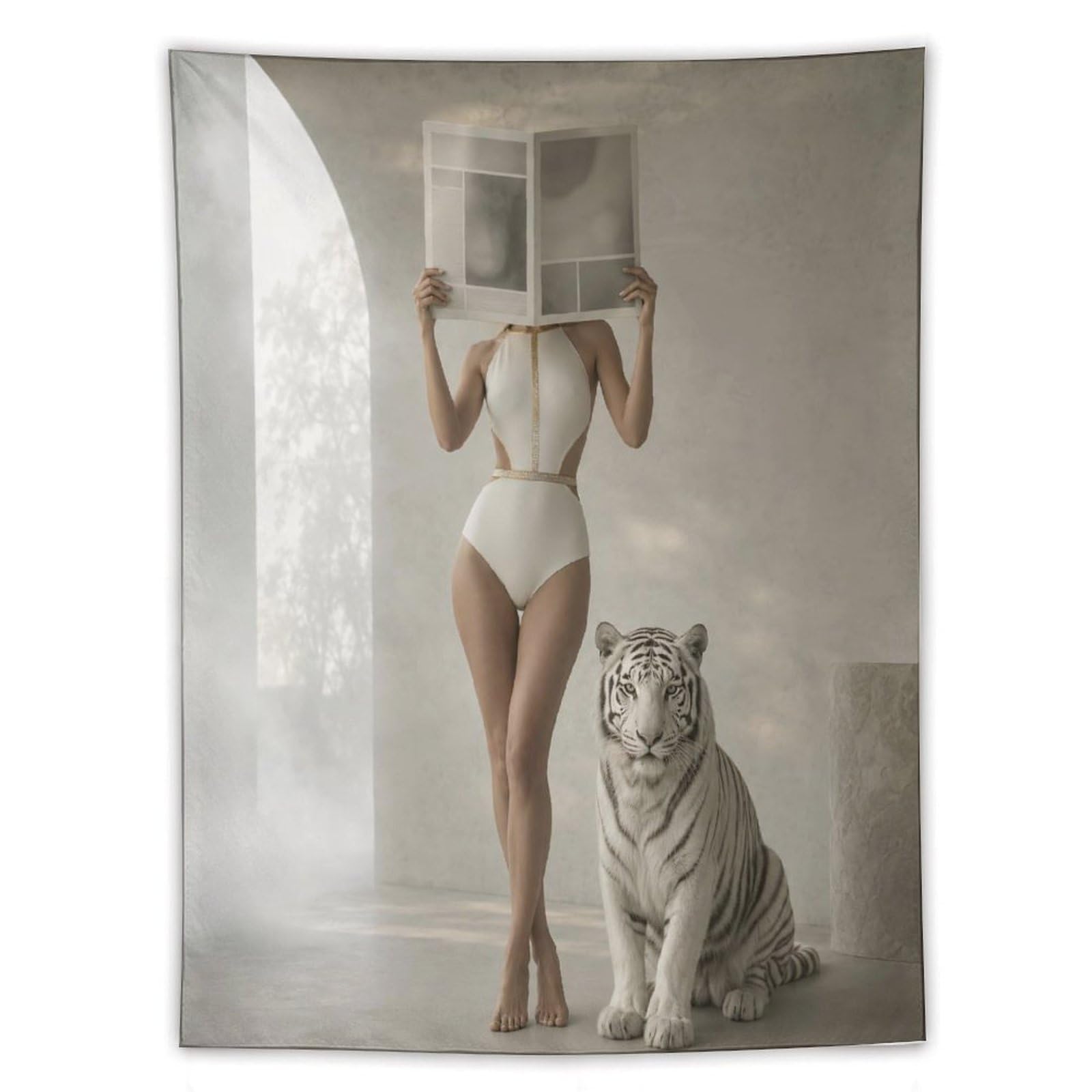H3B8U2Y5 Box Head Woman White Tiger Wall Tapestry, Minimal Studio Scene