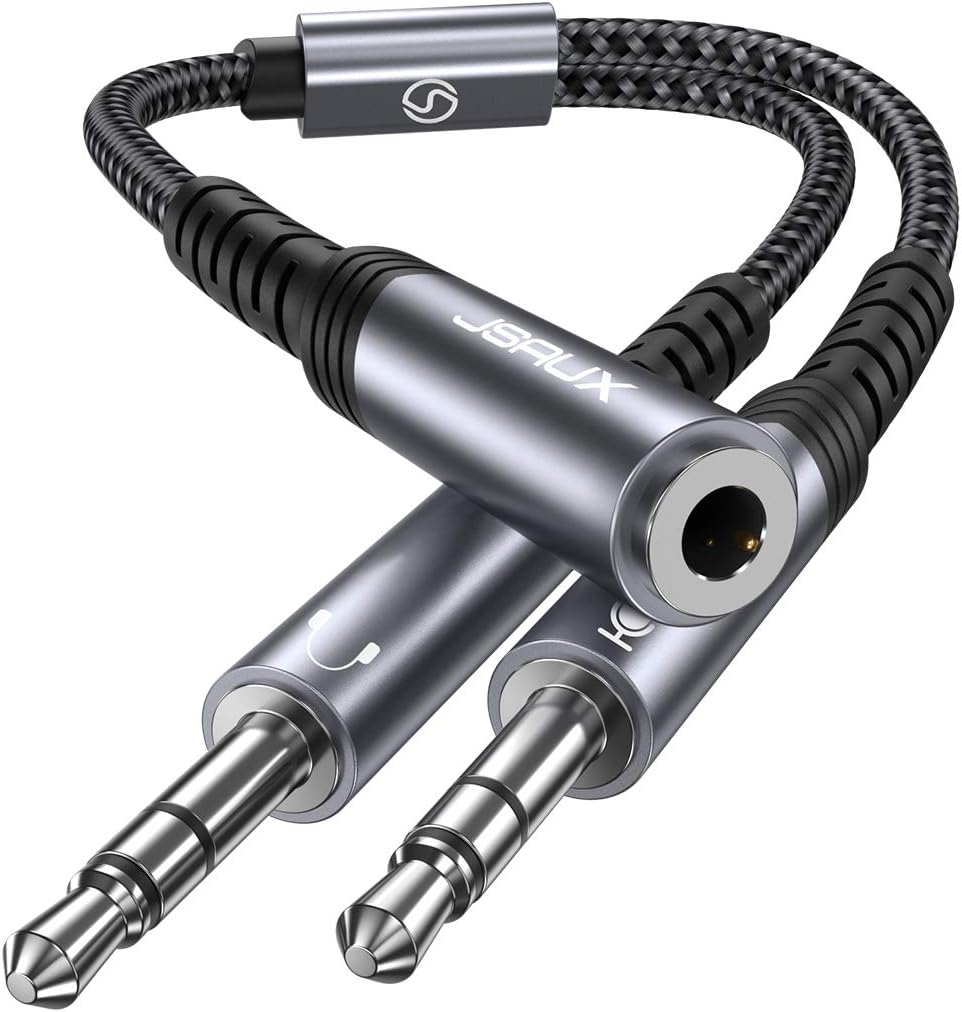 JSAUX Headset Splitter Cable for PC, 3.5mm Headphone Splitter Mic and Audio Y Splitter Jack, Female to 2 Male Adapter for Game-Grey