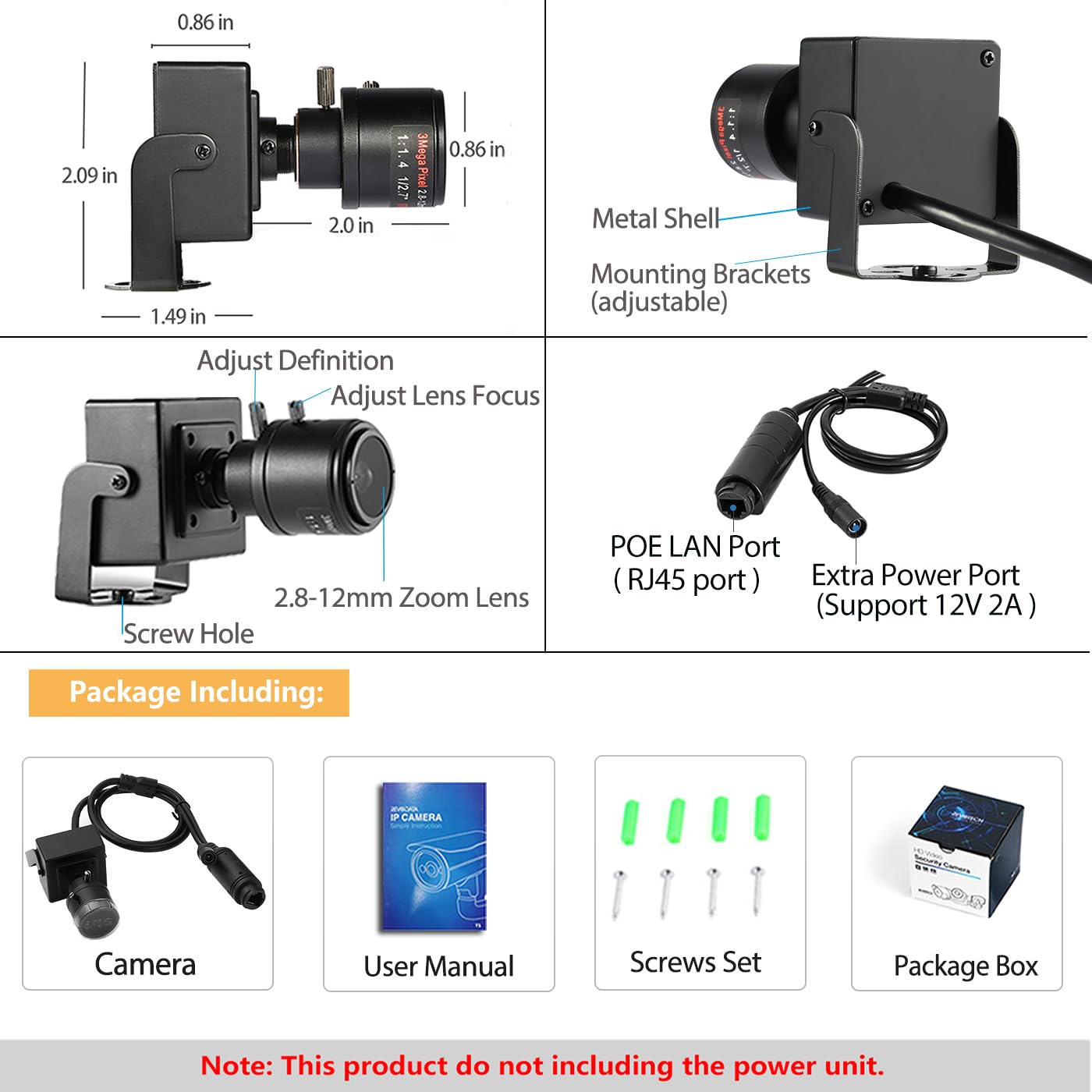 Mini caméra IP POE UltraHD 4K (8MP), Objectif Zoom Manuel 2.8-12mm Caméra de sécurité intérieure P2P CCTV Caméra IP POE H.265 Détection de Mouvement (I712-P-HS82)