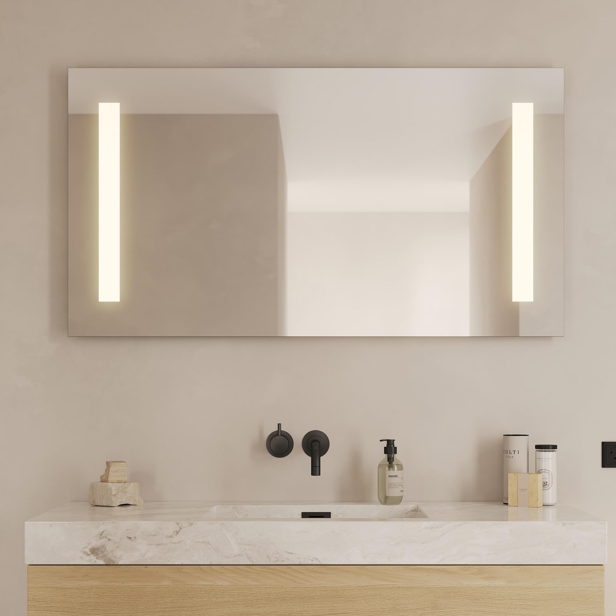 Loevschall Godhavn kwadratowe lustro łazienkowe z oświetleniem LED, z przełącznikiem dotykowym, 120 x 65 cm, regulowane lustro łazienkowe z oświetleniem LED