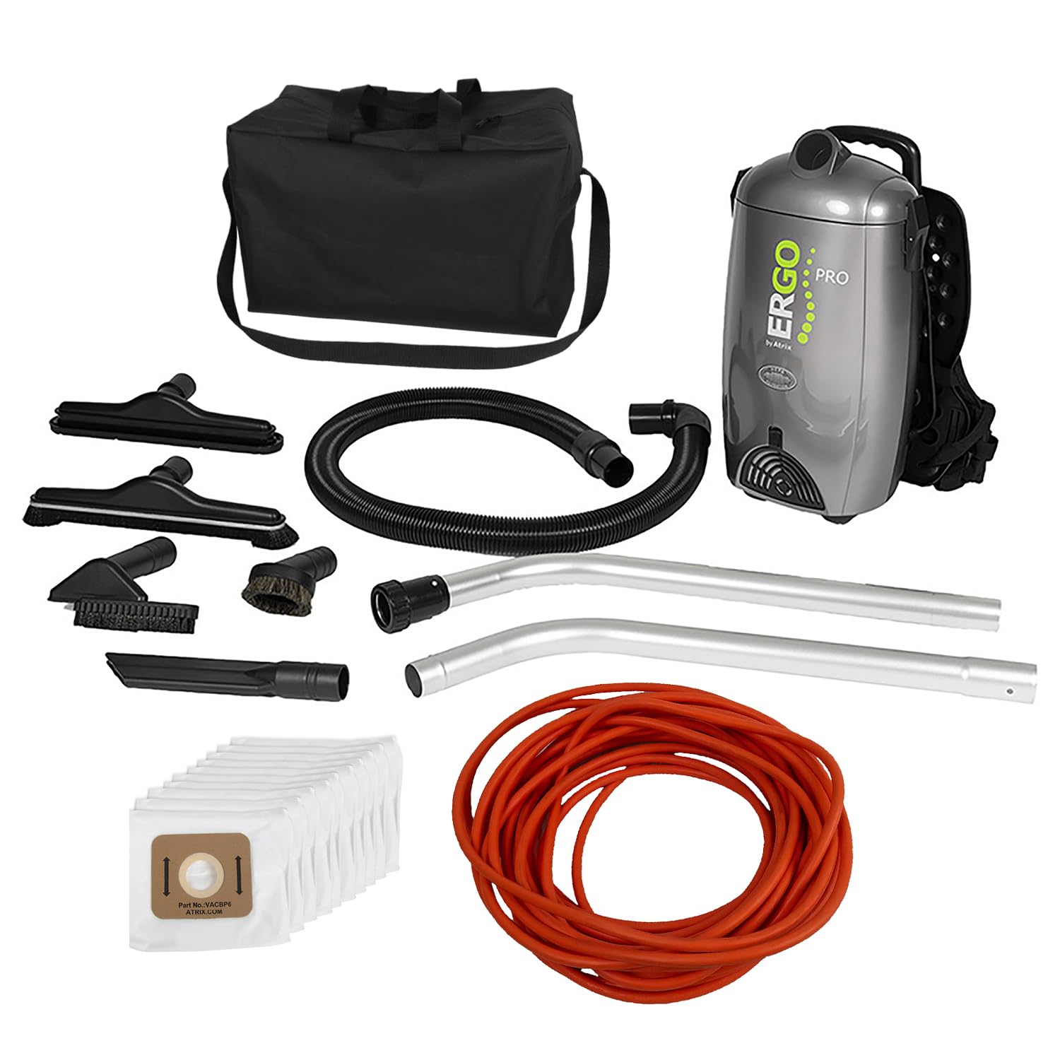 Atrix Ergo Pro Backpack Vacuum Pro Clean Kit – 8-Quart HEPA Commercial Backpack Vacuum with 1400W Motor, 106 CFM Suction, Bonus 10 HEPA Bags, Carry/Storage Bag &amp; 50′ Extension Cord (VACBPAI-PK)