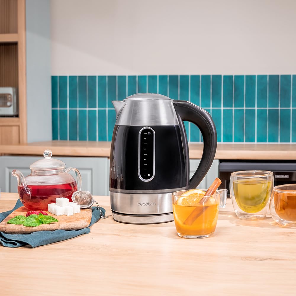Cecotec Bollitore Elettrico con Schermo Digitale ThermoSense 400 VisionLight. Capacità 1,7 Litri, 2200 W, Interno in Vetro e Acciaio Inox, Schermo Touch, 7 Livelli di Temperatura, Base Girevole a 360º