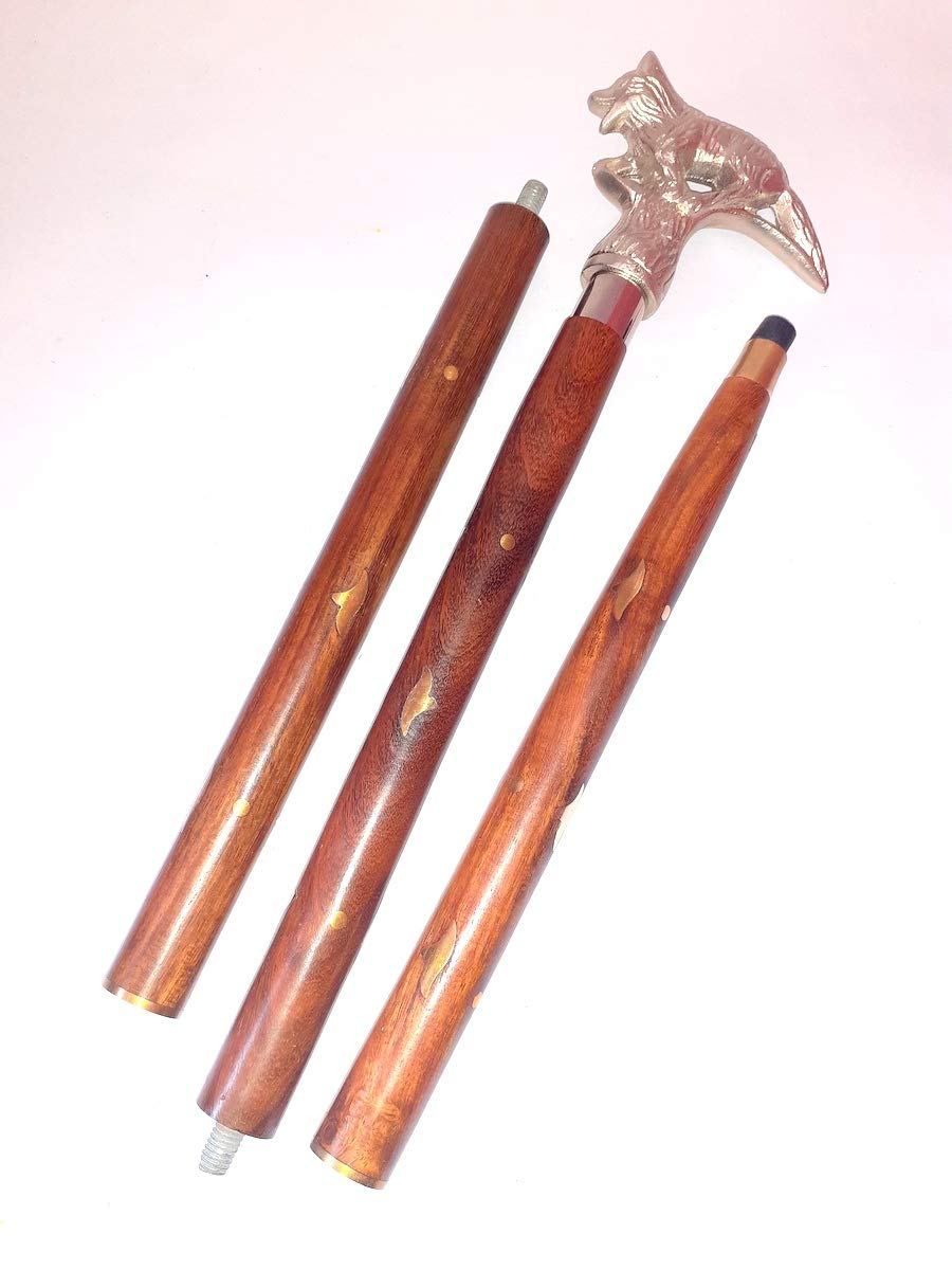 Canne de marche en bois tête de loup argent antique pour canne de collectionneur