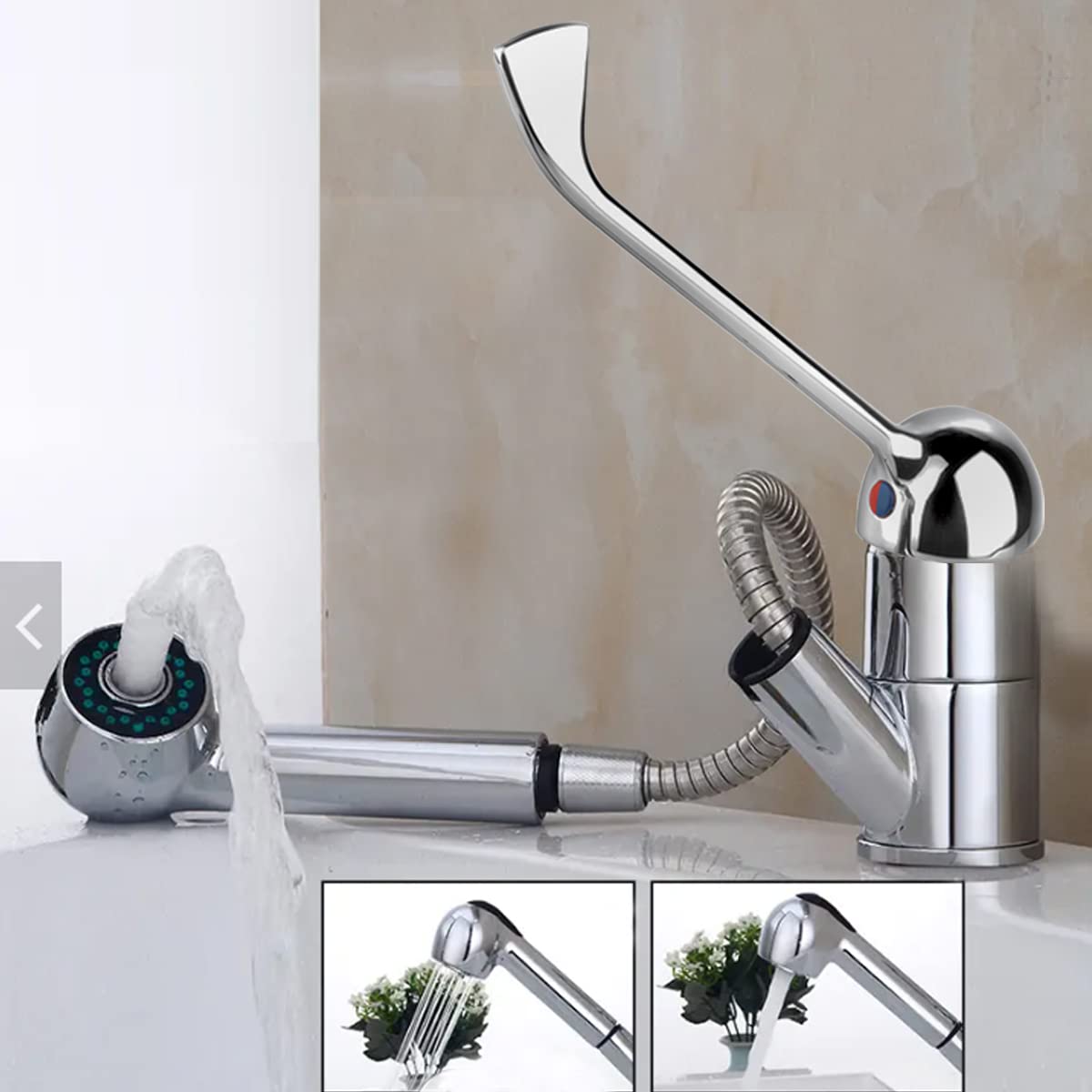 GOLDMAN SERVICE Grifo de Cocina extraíble spray ducha - Monomando Gerontológico palanca larga codo - Uso doméstico medical sanitario hospitales laboratorios hostelería industria