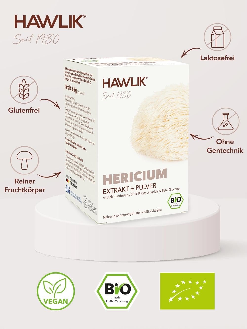 HAWLIK Vitalpilze Bio Hericium Extrakt + Pulver Kapseln - 120 Kapseln im Blister - Mit Vitamin C - Natürlicher Anbau - Vegan