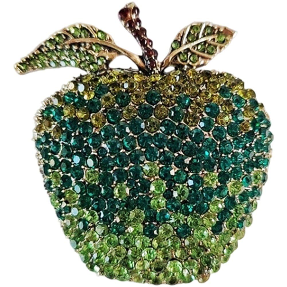 Ppmter Women's Green Rhinestone Apples Brooch Pin For Girls Elegant Crystal Fruit Brooches Lapel Pin Badge Dress Accessories Xmas Festival Jewelry Gift