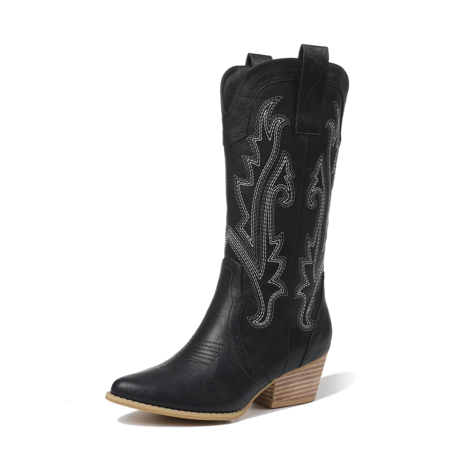 femflame Womens Cowboy Boots for Women Pointed Toe Chunky Heel Mid Calf Cowgirl Boot Embroidered Western Boots