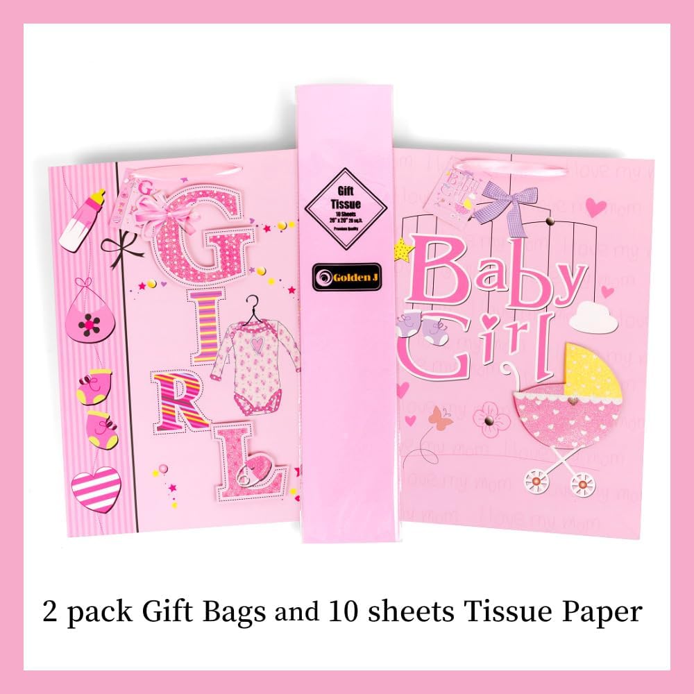 Golden J Store 16.5" Extra Large Baby Gift Bags with Tissue Papers for Baby Showers 2-Pack (Pink) image 4