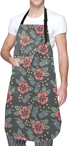 Miniatura 3 de Delantal de flores tropicales y hojas de palmera, delantales ajustables con 2 bolsillos para mujeres y hombres, delantal impermeable para pintar,