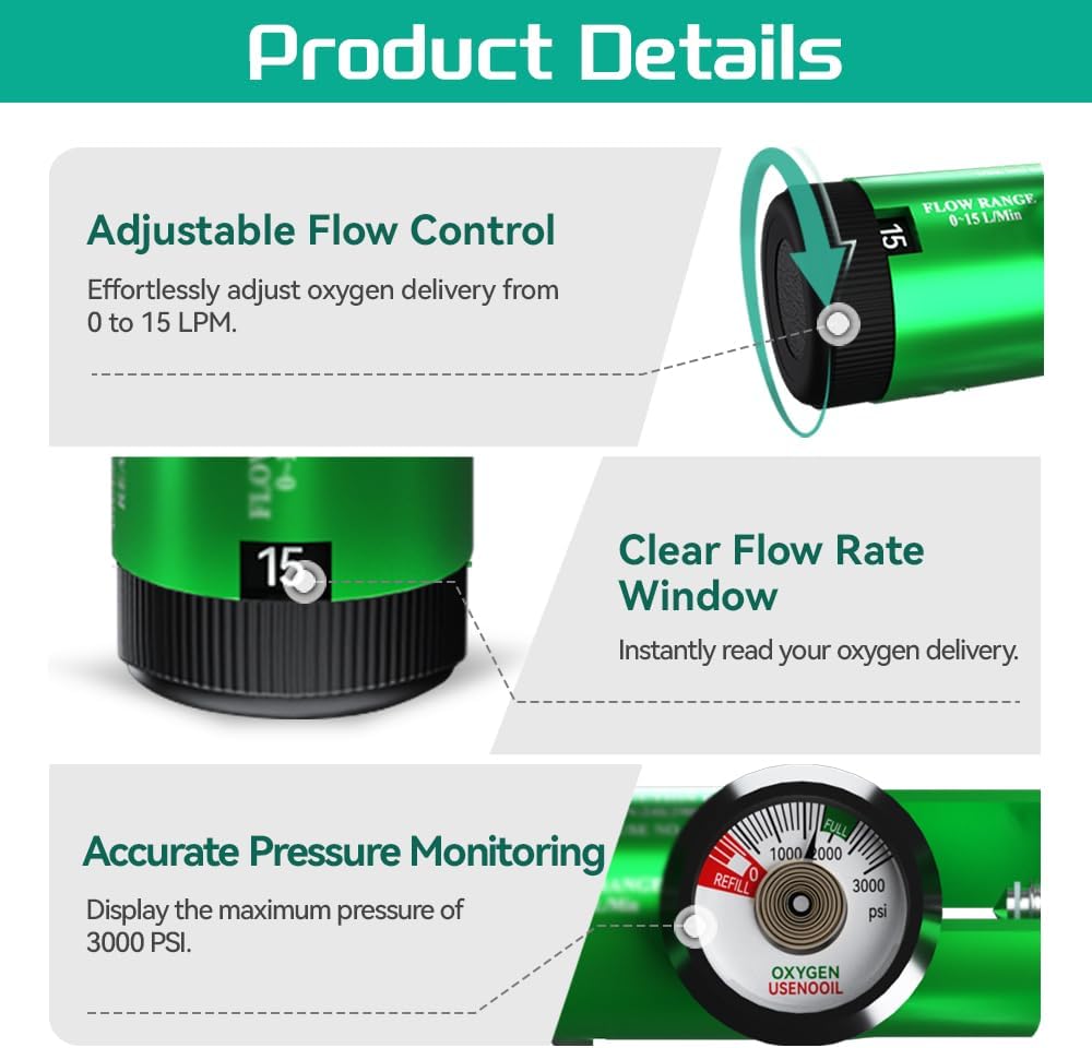 Oxygen Regulator for Oxygen Tank CGA 870 Connection, 0-15 LPM, Portable Oxygen Tank Regulator with Brass Sleeve, Includes 1 Wrench and 5 Brass Yoke Washer Seals