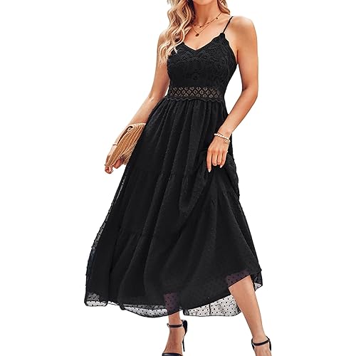 Dokuritu Women's Beach Crochet Lace Maxi Dress Solid Color Summer Vacation Spaghetti Strap Long Dress 2023