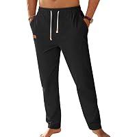 TARAINYA Pantaloni Cotone Lino Uomo Casual con Cordino in Vita e Tasche per L'Estate Nero M