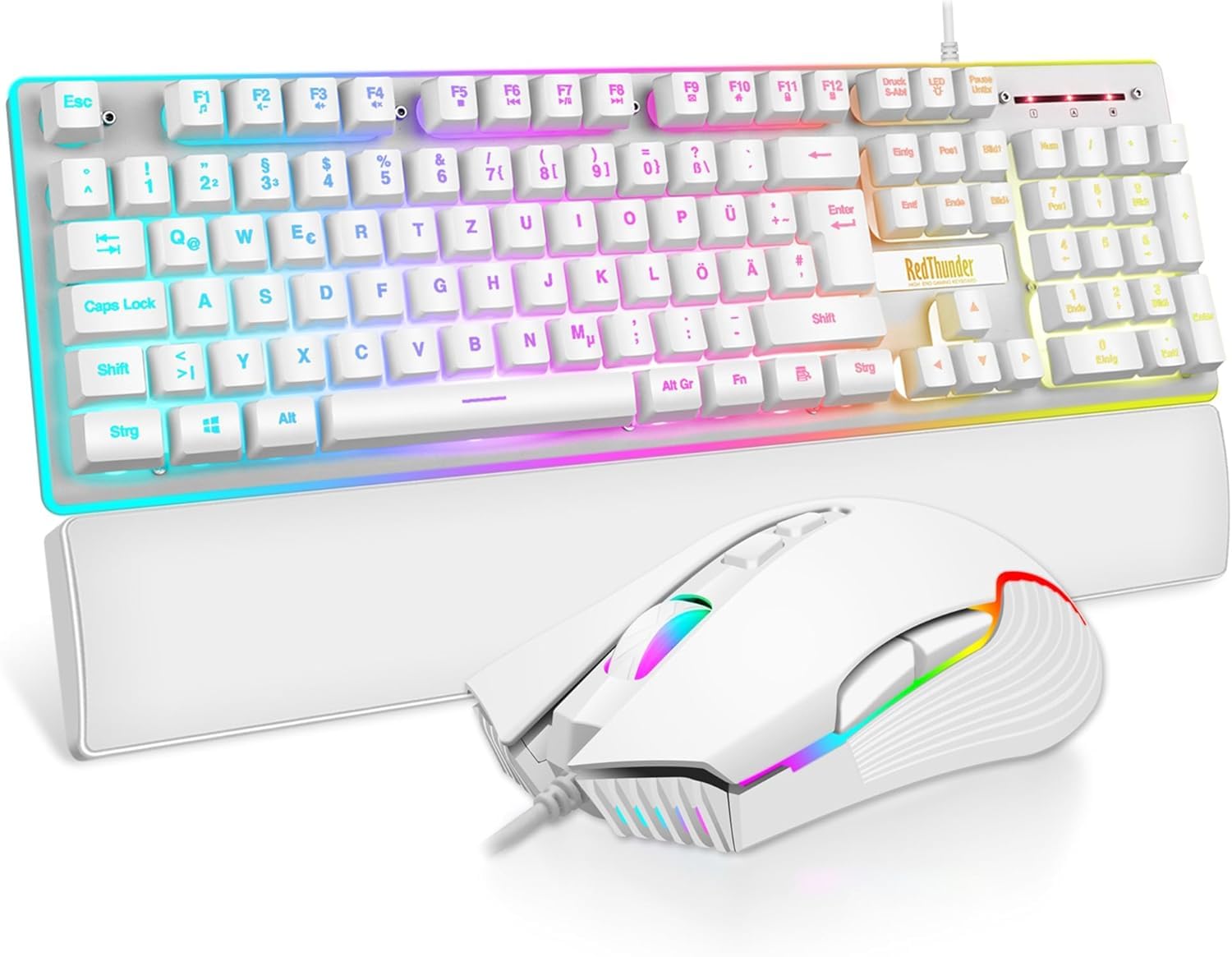 Set tastiera e mouse da gioco QWERTZ DE, K10 piastra in metallo e poggiapolsi, retroilluminazione RGB e 7D con ergonomico, per PC, Mac Gamer (bianco)
