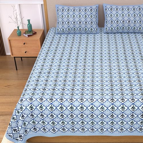 Image of India 100% Pure Cotton Jaipuri Printed Double Bedsheet with 2 Pillow Covers | Traditional Sanganeri Floral Design | Soft Breathable Fabric | King Size Bedsheet for Bedroom (Kaya33)