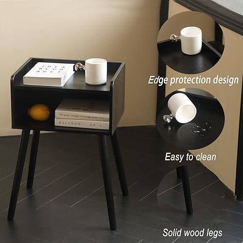 Miniatura 36 de MaxSmeo Mesita de noche, moderna de mediados de siglo, mesa auxiliar para dormitorio con almacenamiento, mesita de noche pequeña con patas de madera