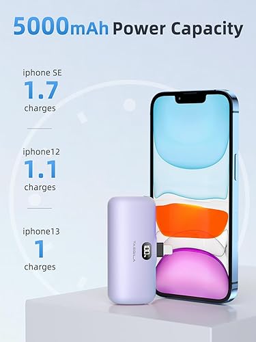 Miniatura 4 de Taegila Cargador portátil pequeño rosa y morado para iPhone 5000 mAh con cable integrado, banco de energía compacto certificado MFi con pantalla LCD