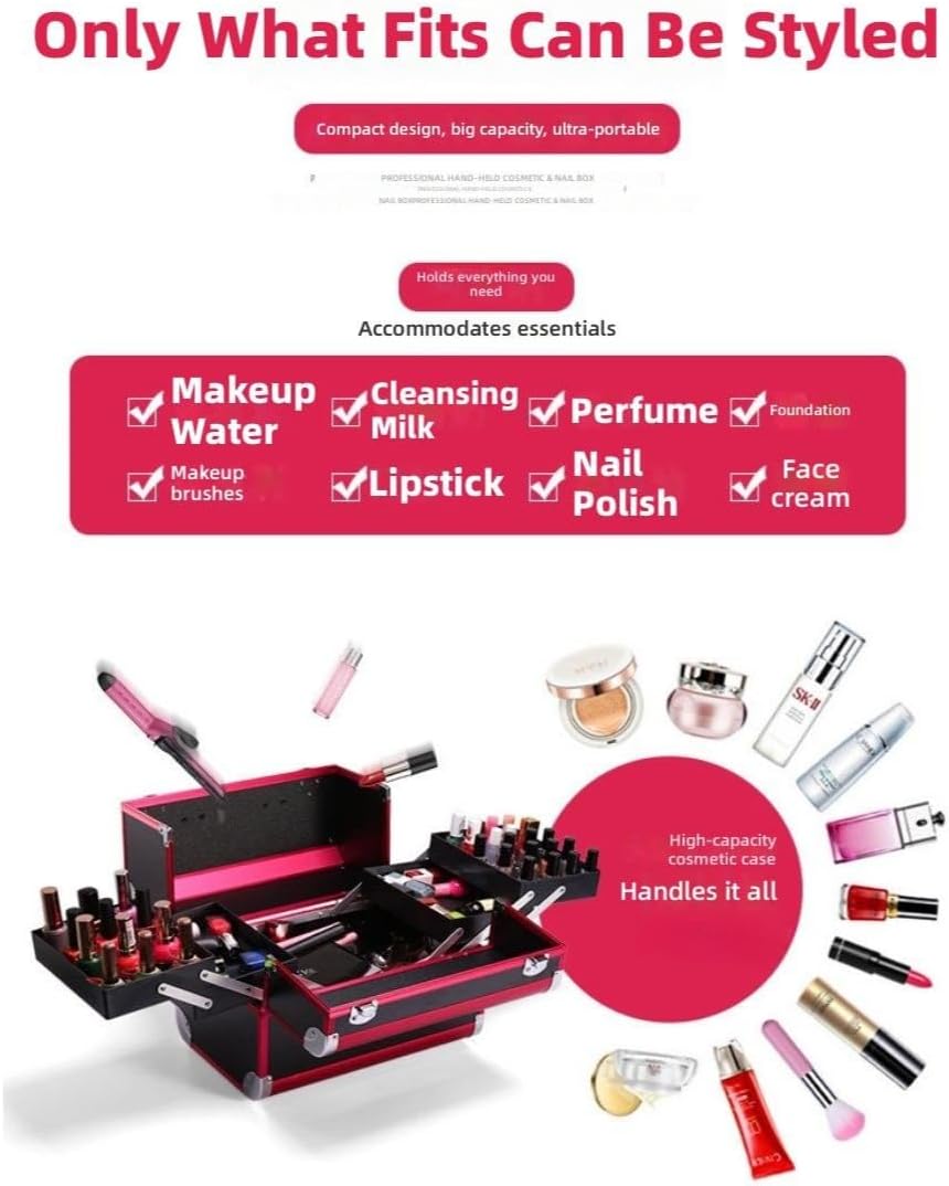 Makeup Bag Cosmetic Case Portable Cosmetic Box with Aluminium Frame, Lockable Multi Layer Design, Dividers, Drawer Professional Makeup Organizer for Artists, Travelers
