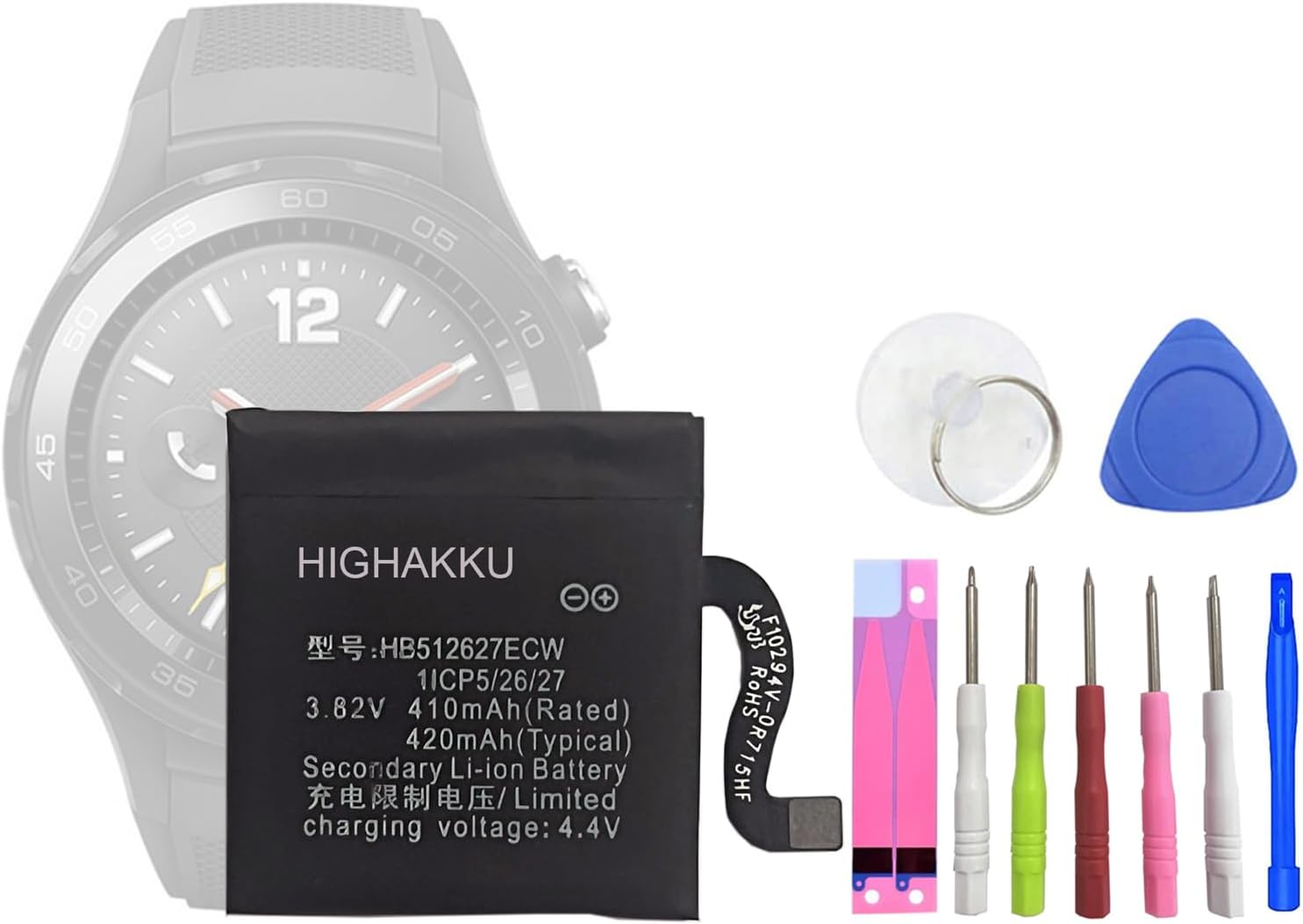 HIGHAKKU Smartwatch Replacement Battery HB512627ECW Compatible with Huawei Watch 2 & Watch 2 Pro & GT with Tools