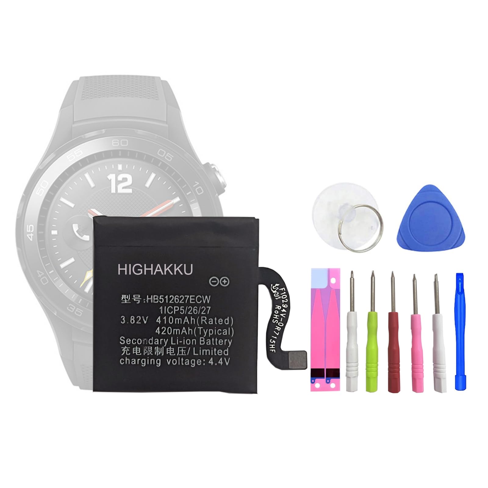HIGHAKKU Smartwatch Replacement Battery HB512627ECW Compatible with Huawei Watch 2 & Watch 2 Pro & GT with Tools