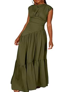 【AMERI】LUSTER TIERED LAYERED DRESS Lymeral Women's Tiered Maxi Dress Casual Cap Sleeve Full Hem