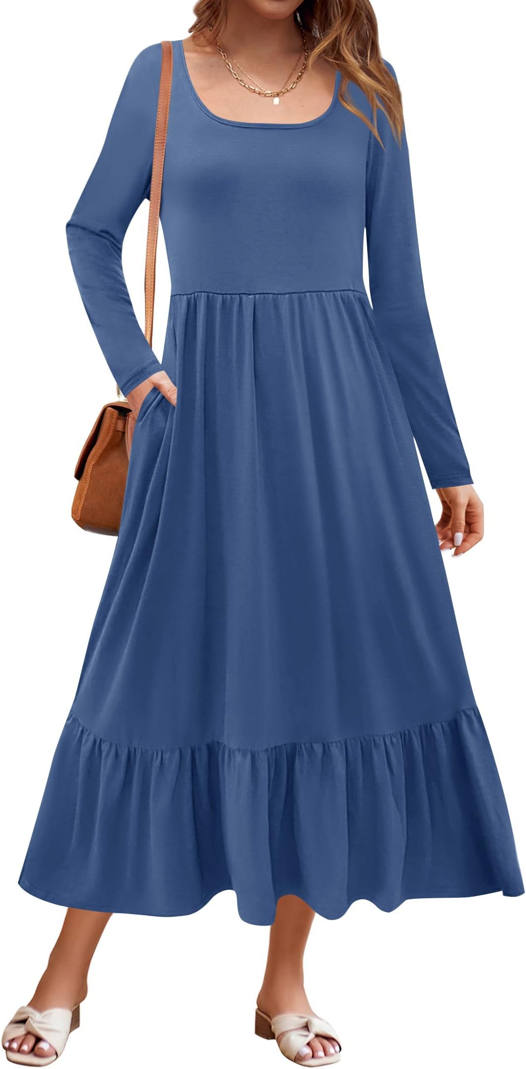 ZESICAWomen's 2024 Spring Dresses Long Sleeve Square Neck Summer Casual Swing Maxi Dress with Pockets