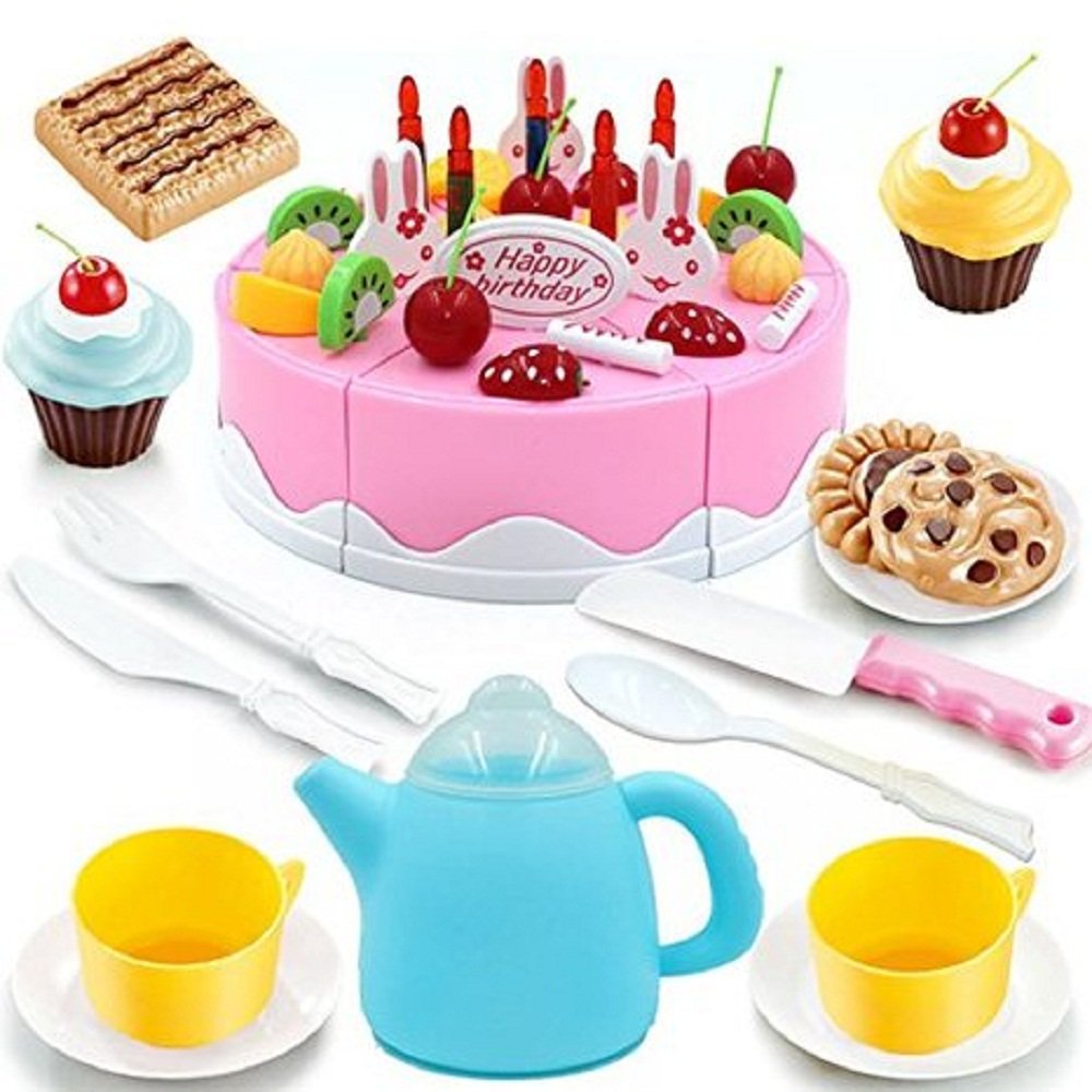Elet-mall Play Food Set Kids Gift Birthday Cake with Cutting Knife, Tea Pot and Cups (Pink)