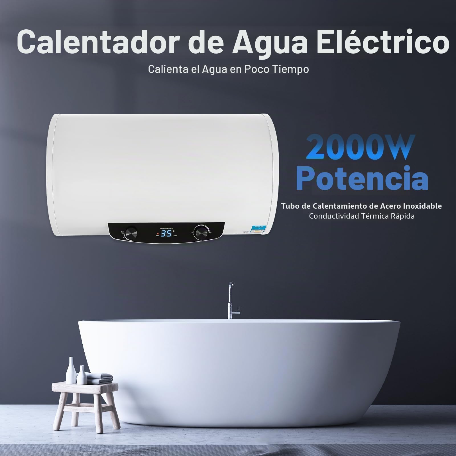 Calentador de agua eléctrico con depósito de 120L 2KW 220V, tanque eléctrico horizontal, calentador de agua instantáneo, calentador de agua con hervidor y ducha manual