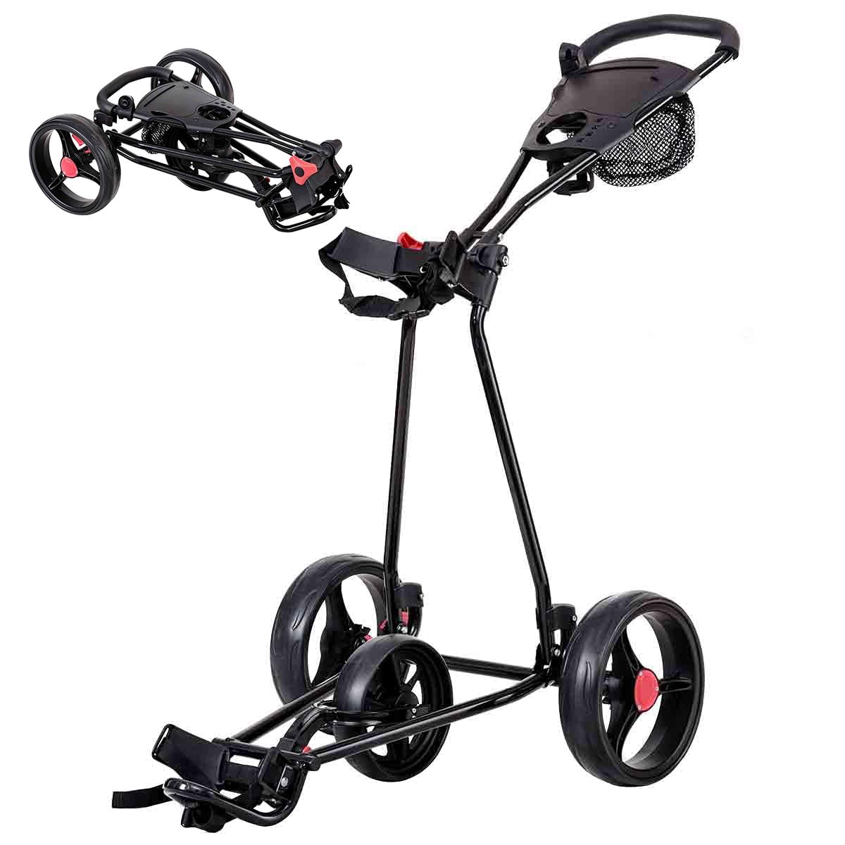 RELAX4LIFE Carrello da Golf a 3 Ruote, Compatto con Telaio di Ferro Robusto,Golf Cart Leggero e Pieghevole con Borsa in Rette e Portaombrelli, Facile da Trasportare,134 x 60 x 116 cm
