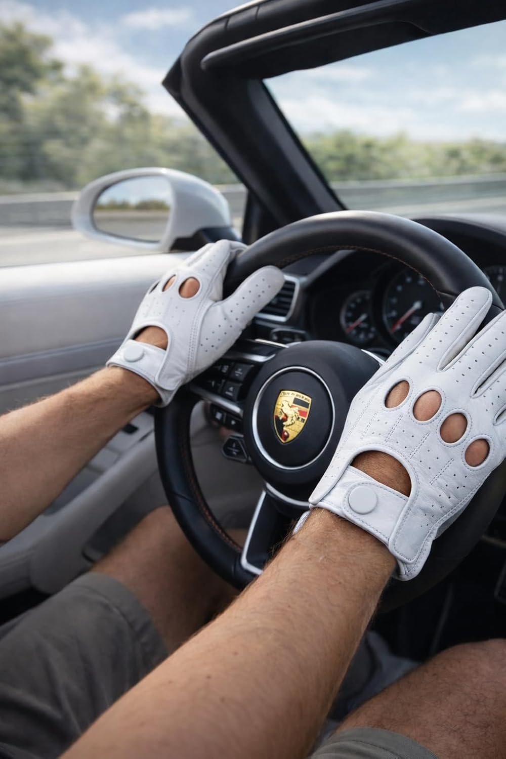 Riparo Men’s Perforated Leather Driving Gloves – White Genuine Cowhide – Full-Finger Summer Motoring Style, Breathable Luxury Gloves (Medium, White)