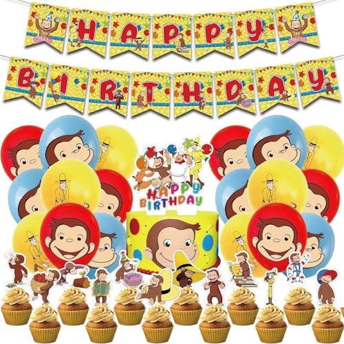 Curious George Monkey Birthday Party Decorations Set Cute Cartoon Fun Supplies Banner Balloons Cupcake Toppers Large Cake Decorations