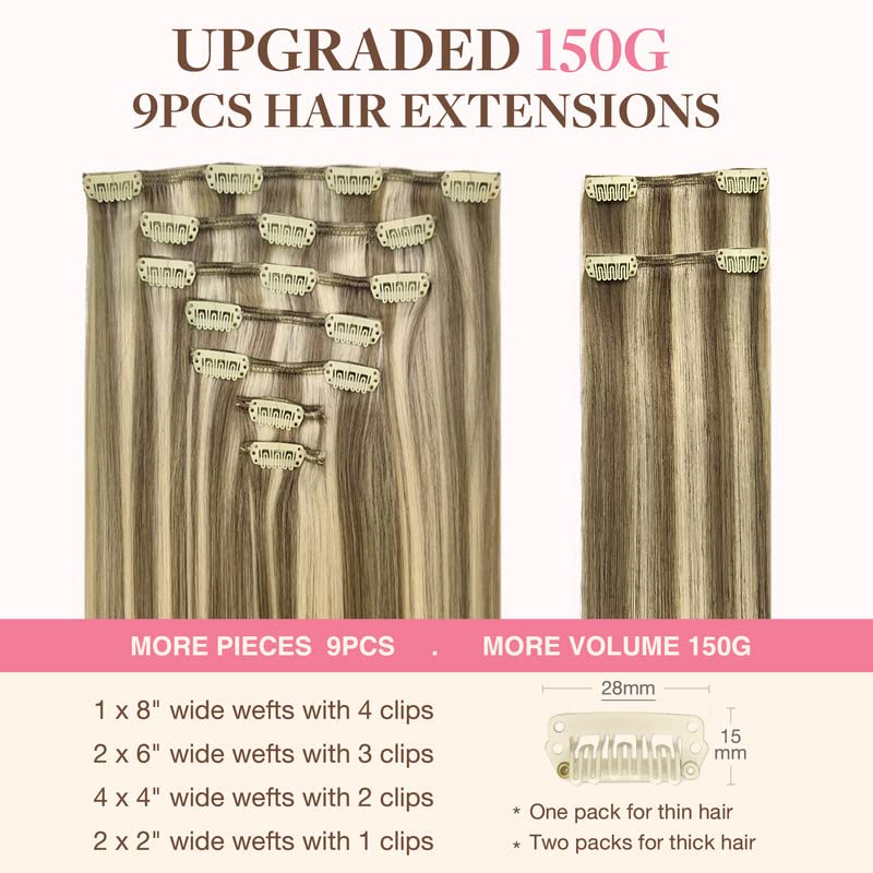 Image of GOO GOO Clip in Hair Extensions Real Human Hair, Remy Human Hair Extensions Clip ins for Women, Natural Human Hair, 16inch 150g 9Pcs, 8A /22 Medium Brown Highlighted Golden Blonde