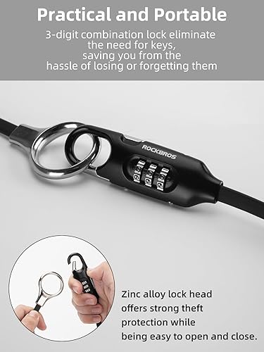 Miniatura 5 de ROCKBROS Cable de bloqueo de bicicleta de 5 pies con combinación preestablecida, ligero, versátil y resistente a la intemperie, candado de bicicleta