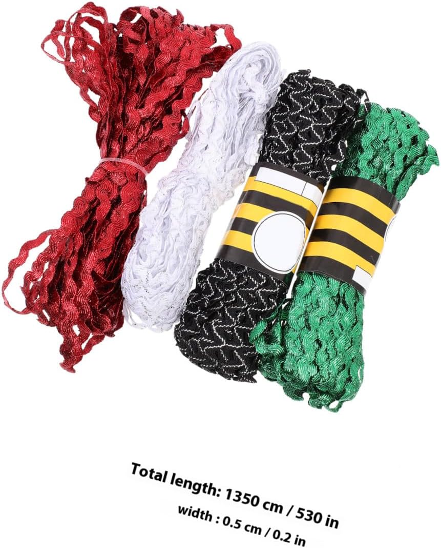 4 Rolls 5mm Waving Rickrack Sewing Ribbon Trim for DIY Crafts, Red Green White Black, Decorative Edging Ribbon for Dressmaking and Sewing Projects