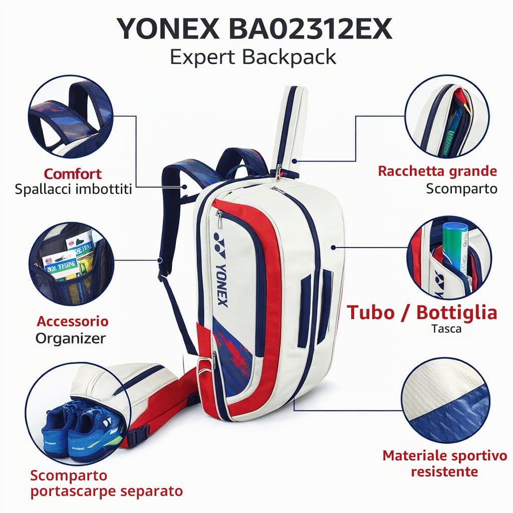 YONEX BA02312EX Expert Badminton/Tennis/Squash Borsa Zaino in Pelle Capacità 3 Racchette con Scomparto Scarpa