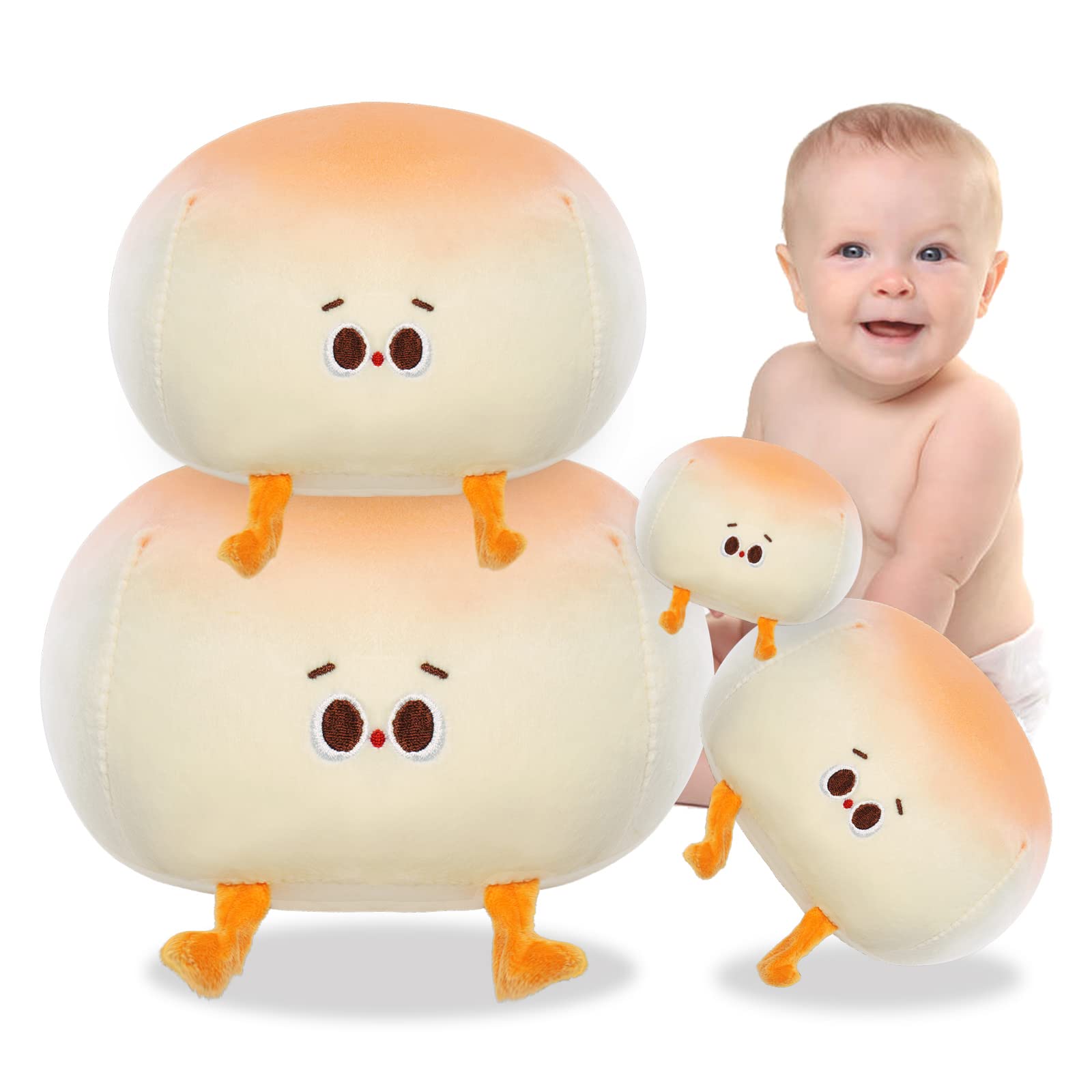 DENTRUN Soft Bread Plush Bun Stuffed Animals Pillow, Round Bread Shape Plush Cushion, Toast Bread Food Sofa Cushion Huggable Doll Toy for Kids Adults Birthday Xmas Present Gift Home Bed Room Decor