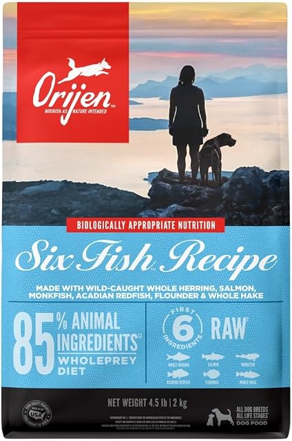 ORIJEN Poultry Free WHOLEPREY Dry Dog Food Six Fish Recipe, 4.5lb Bag | 85% Fresh or Raw Ingredients, Grain Free, Made in the USA, Nourishing Organs, No Corn, Soy or Wheat
