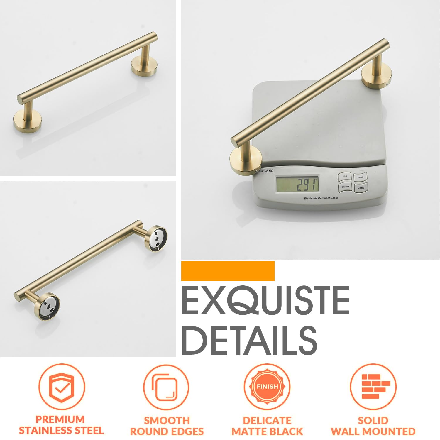 Beelee 12 Bagno Portasciugamani Porta Salviette in Acciaio Inossidabile montaggio a parete, Acciaio Inossidabile, Finitura oro spazzolato, BA195A3G