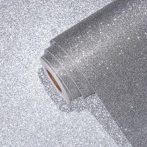 Yullpaper Silver Glitter Wallpaper Peel and Stick Girls Bedroom Wallpaper for Walls Glitter Dresser Worktop Vinyl Covering Sticky Back Plastic Self Adhesive Vinyl Silver Grey Wallpaper 40cm X 200cm