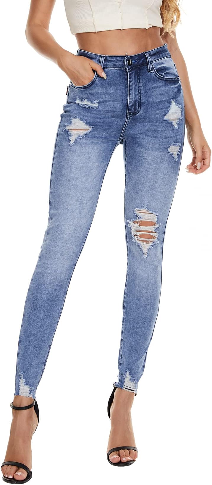 Women Classic High Waisted Skinny Jeans for Women Stretch Distressed Butt Lifting Jeans Slim Fit Denim Pants