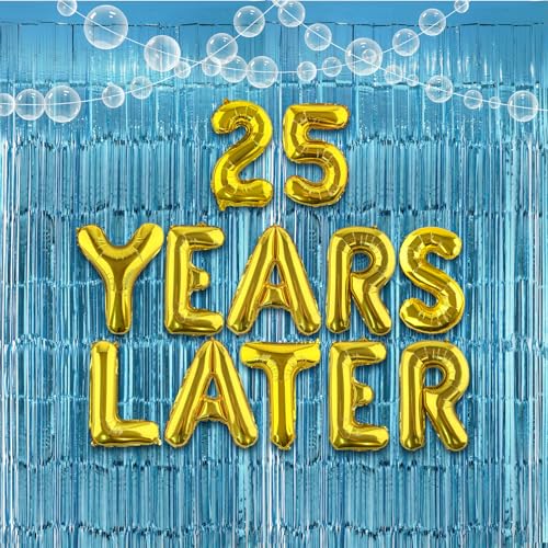 Yellow Cartoon 25th Birthday Decorations 25 Years Later Balloon Banner with Blue Tinsel Foil Fringe Curtain Under the Sea Party Supplies Cartoon Party Favors for Birthday Anniversary Party Supplies
