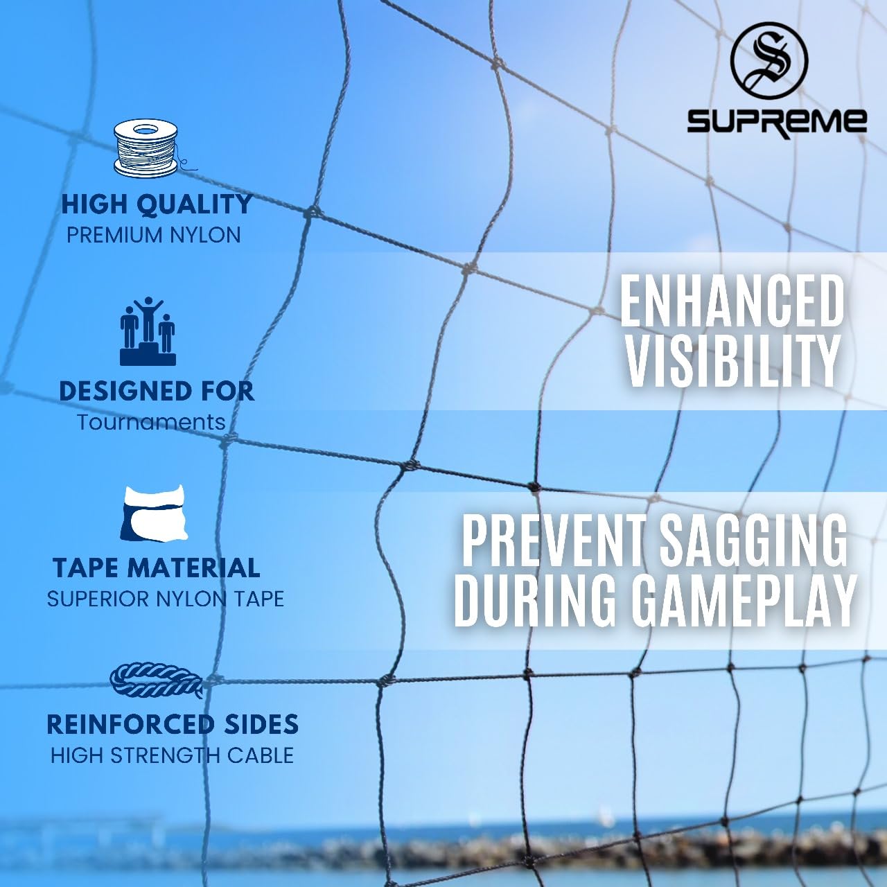 Supreme Volleyball Net Nylon (4 Side Tape) Thick Qlty, 10 Mesh (Pack of 1) Volleyball Net (Black, White) 2