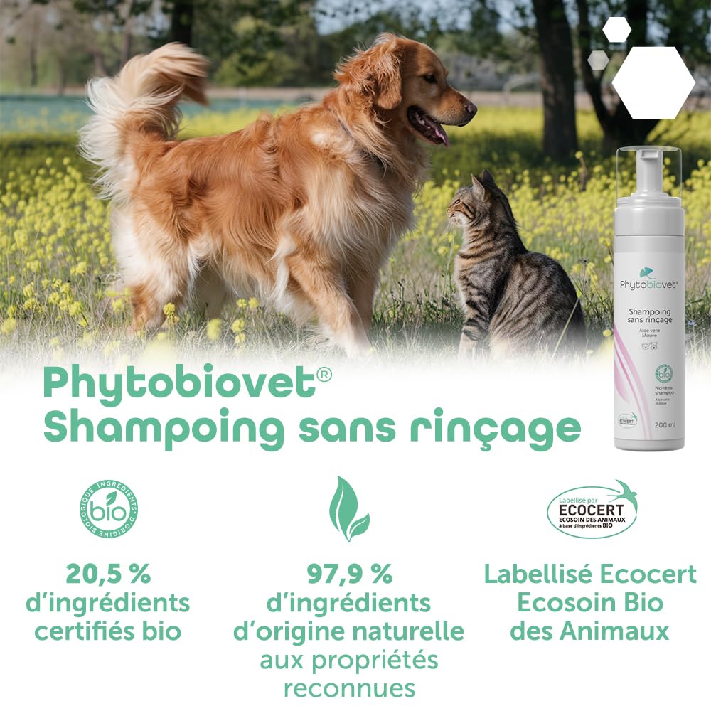 MP Labo Phytobiovet® Shampoing sans Rinçage pour Chien et Chat 200 ML - A l’Aloe Vera et à la Mauve - Labellisé Ecocert Ecosoin Bio des Animaux
