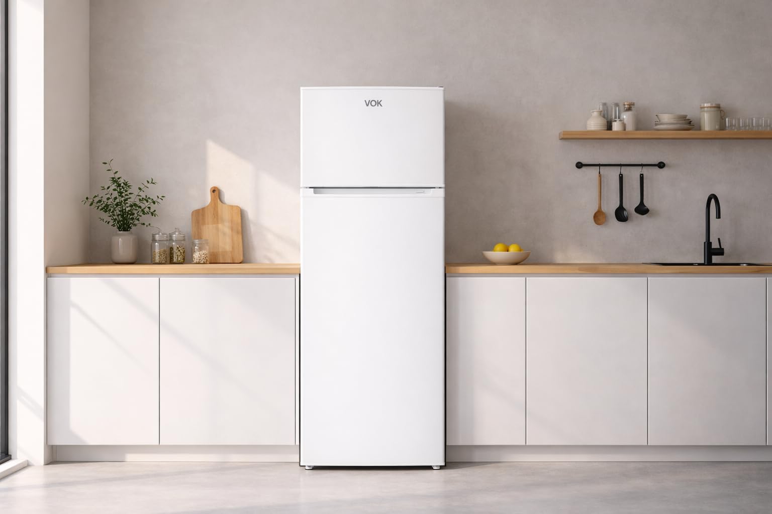 VOK Frigorífico Combi 2 Puertas EVR-206DEW 206L, Al 145cm x An 54cm, Clase E, Puertas Reversibles, Bajo Nivel Sonoro 39 dB, Estantes de Cristal, Blanco