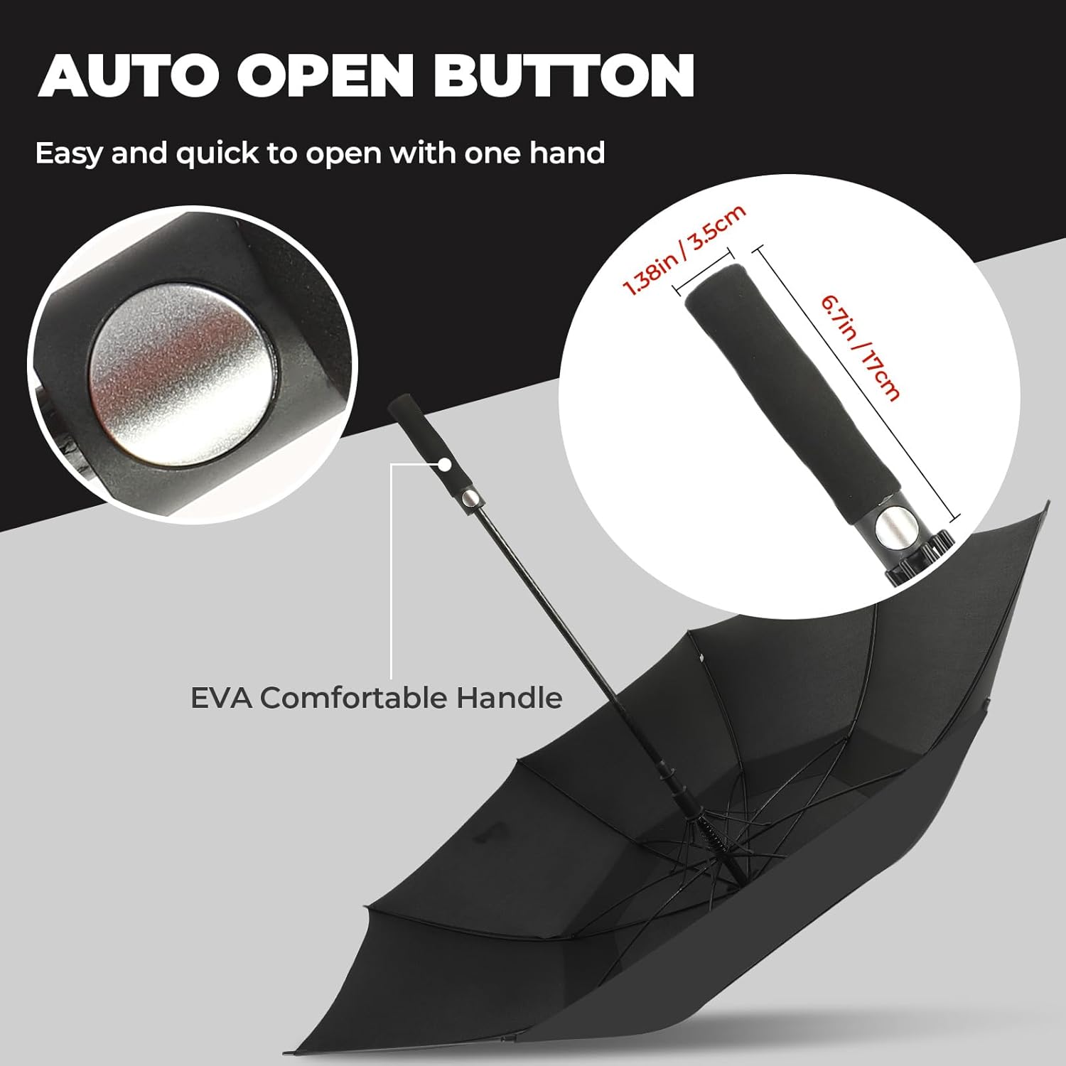 Automatic Open Golf Umbrella 54/62/68/72 Inch, Extra Large Windproof Vented Double Canopy Stick Umbrella, 210T Pongee Waterproof SPF 50+, Fiberglass Ribs Steel Shaft, EVA Grip for Golf & Commute